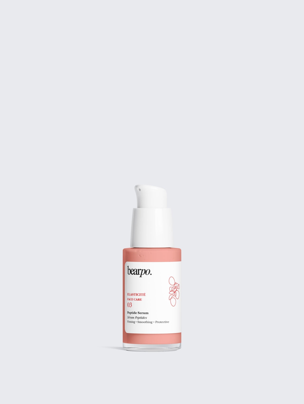 Anti - Aging Peptide Serum, ELASTICITÉ - bearpo., Bearpo Luxury Skincare, natural peptides, vegan peptide pnk skincare bottle on gray background 