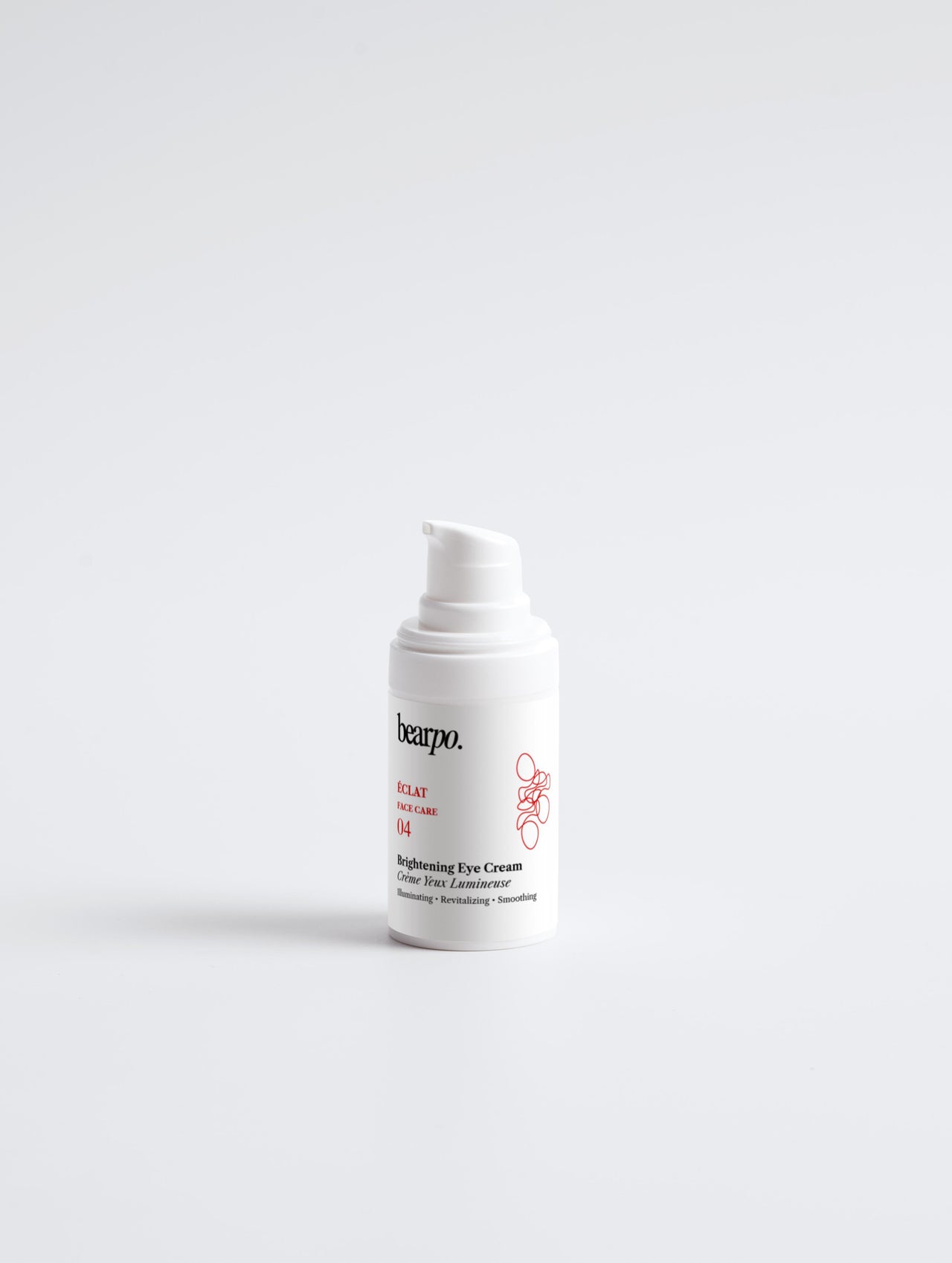 bearpowhite bottle of brightening eye cream vegan skincare on gray background, dark eyes cream, cruelty free, vegan skincare, for all skin type