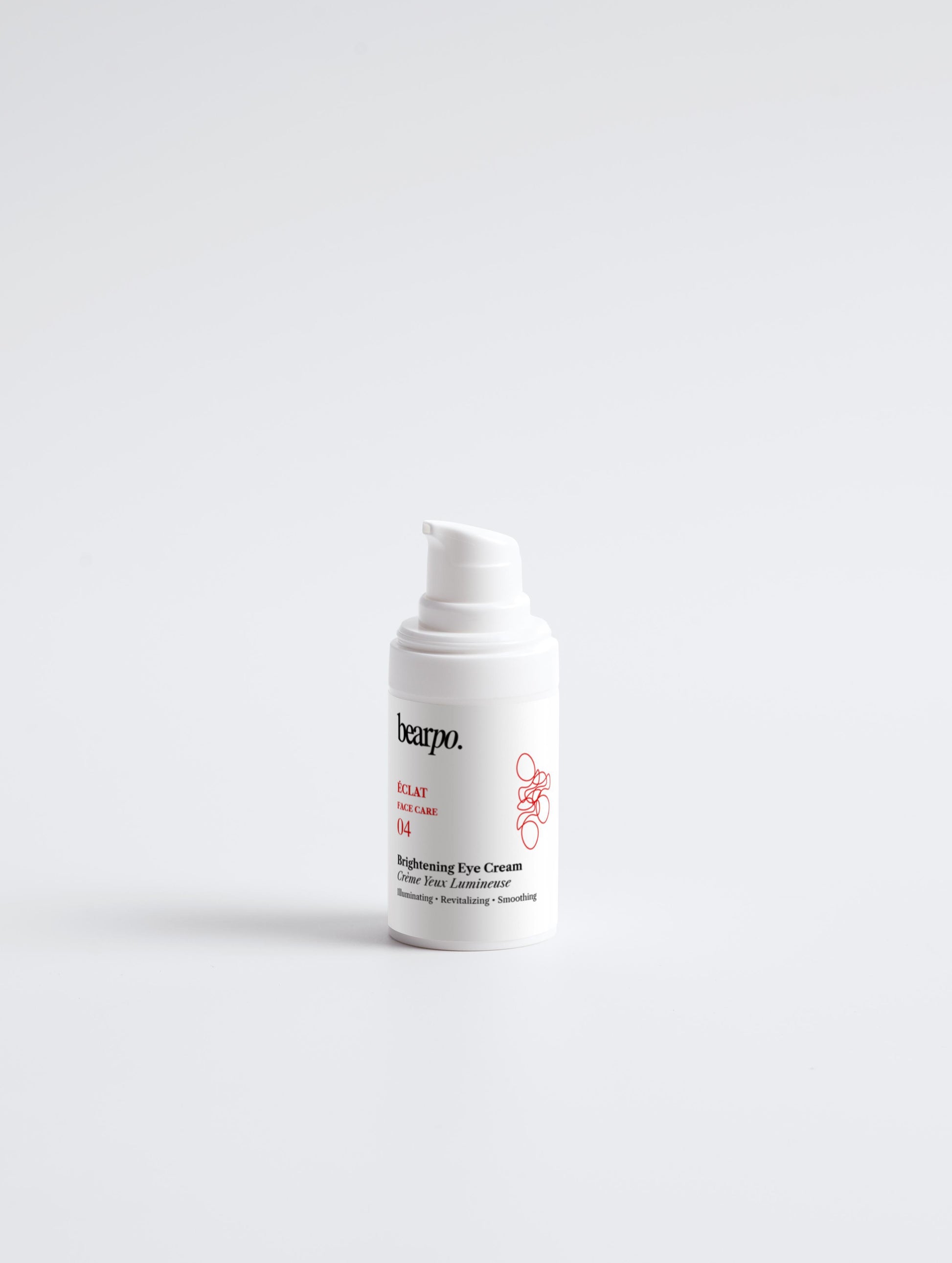 bearpowhite bottle of brightening eye cream vegan skincare on gray background, dark eyes cream, cruelty free, vegan skincare, for all skin type