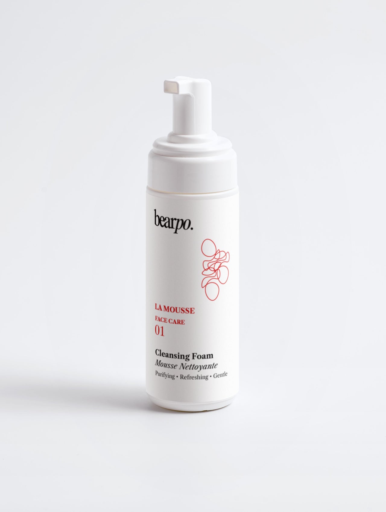 Cleansing Foam, LA MOUSSE - bearpo., Bearpo Cleansing Foam, Velvety Skin Cleanser, Mild Daily Cleanser, Cleanser for Sensitive Skin, Soft & Supple Complexion, white skincare bottle on professional gray background studio shot, vegan cleanser, la mousse