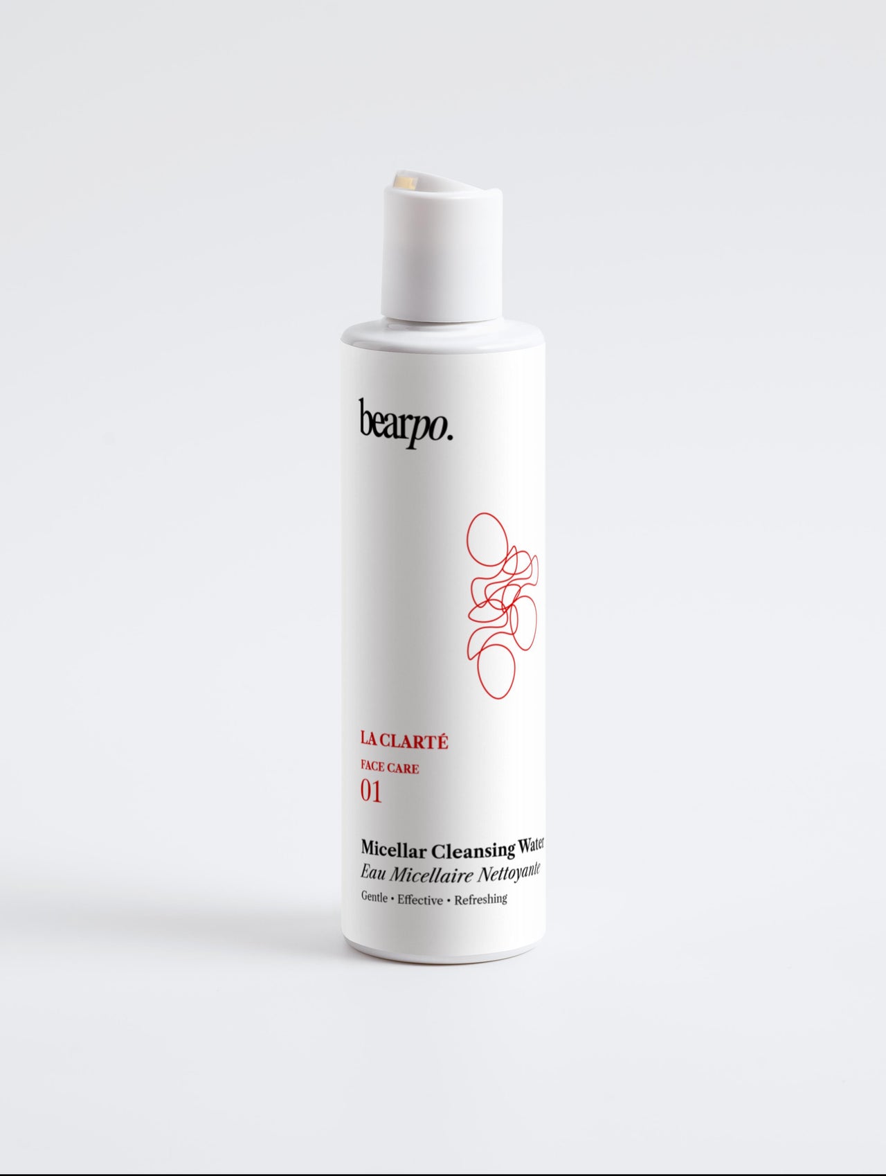 Micellar Cleansing Water, LA CLARTÉ - bearpo., white skincare bottle  on gray background