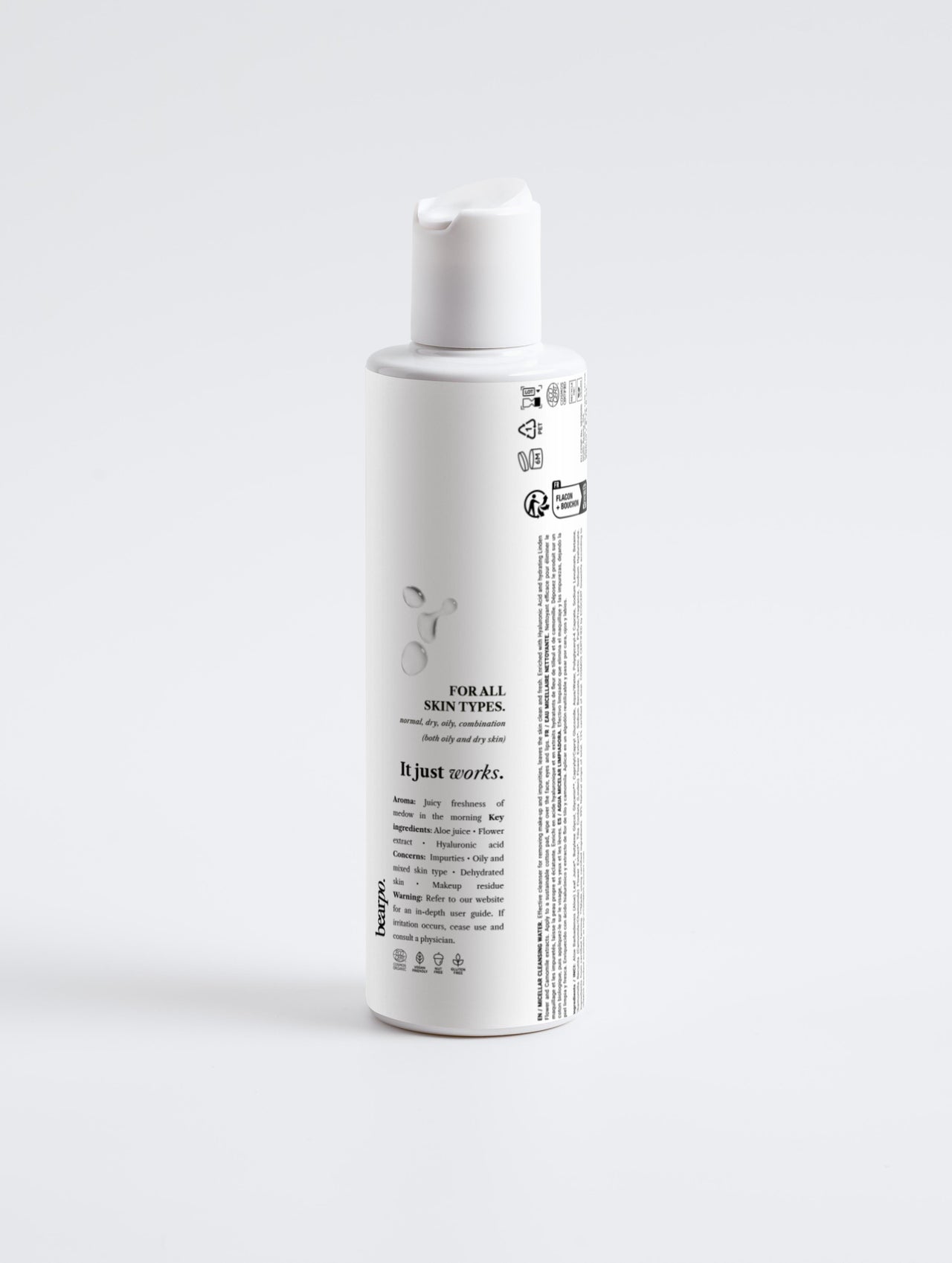 Micellar Cleansing Water, LA CLARTÉ - bearpo., white skincare bottle  on gray background