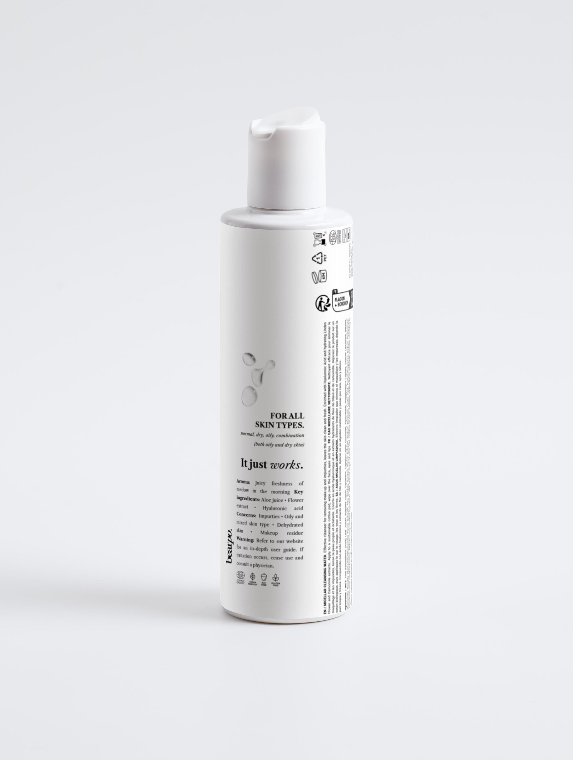Micellar Cleansing Water, LA CLARTÉ - bearpo., vegan skincare, white skincare bottle on gray background, product information and ingredients