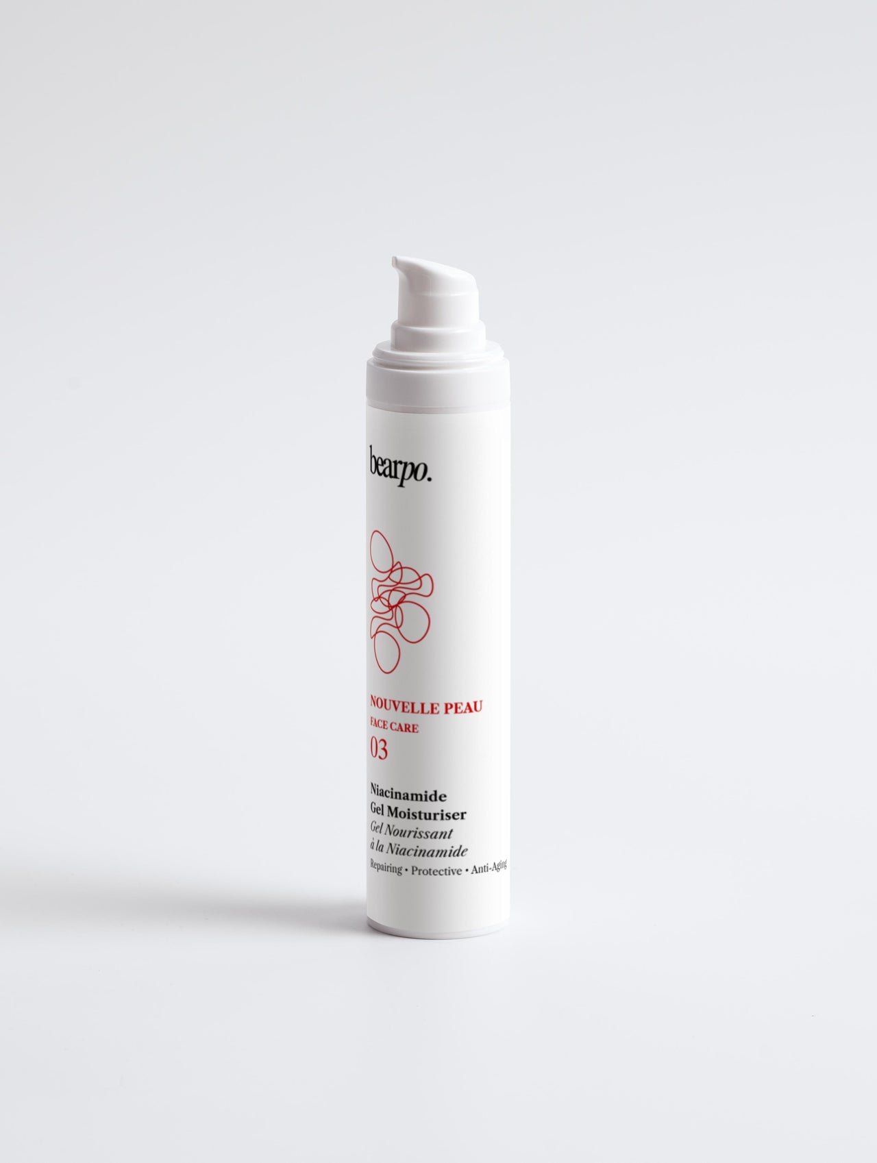 Niacinamide Gel Moisturiser, NOUVELLE PEAU - bearpo., vegan skincare, cruelty free skincare, white skincare bottle on a grey background studio shot
