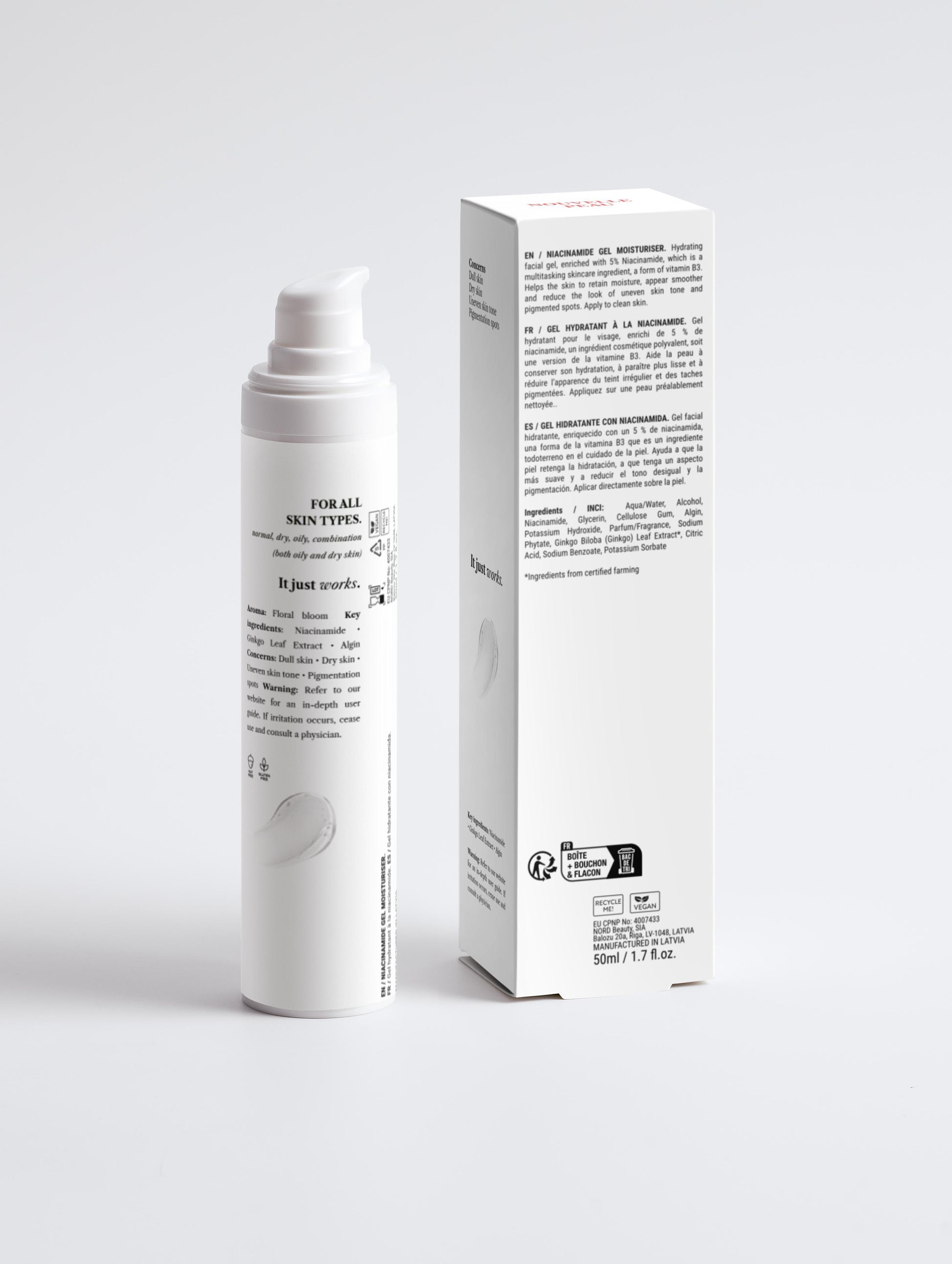 Niacinamide Gel Moisturiser, NOUVELLE PEAU - bearpo., white bottle on gray background studio shot