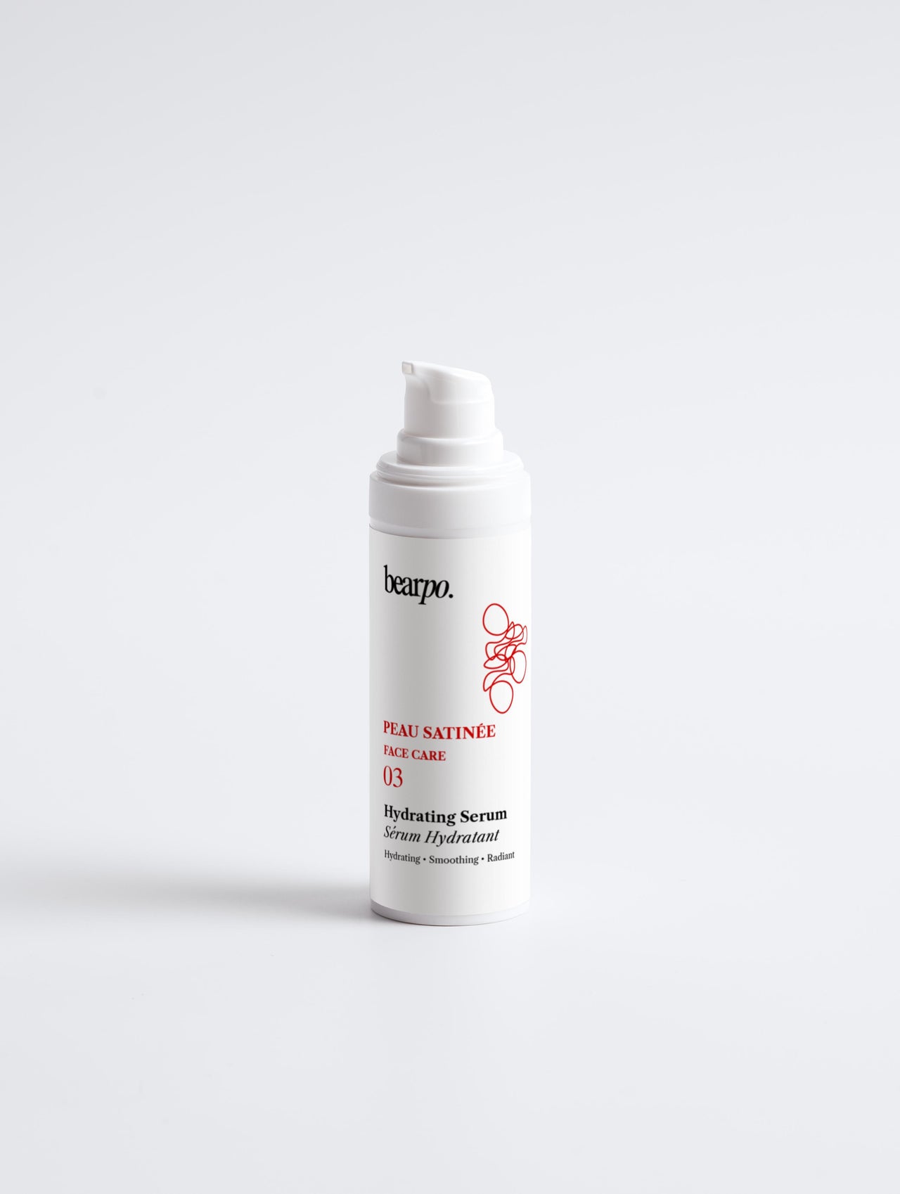 Hydrating Serum, PEAU SATINÉE - bearpo., radiating and hydrating serum for all skin types, vegan skincare, white pump bottle of skincare on gray background